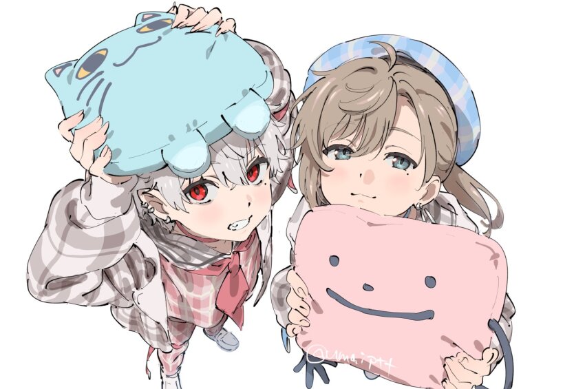 2boys, aged_down, arms_up, beret, blue_eyes, brown_hair, child, ear_piercing