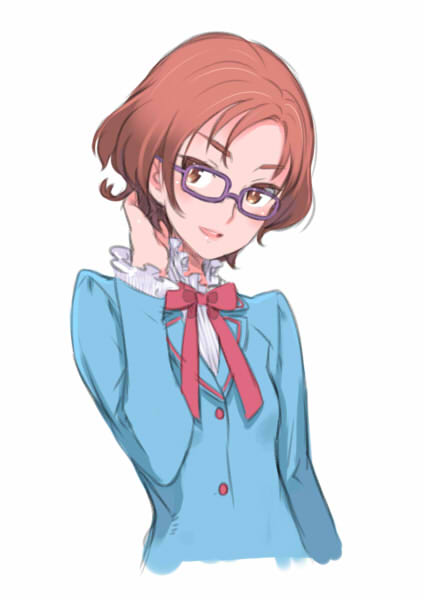 10s, 1girl, blue_shirt, brown_hair, classmate_with_glasses_(suite_precure), female_focus, glasses, hand_in_own_hair