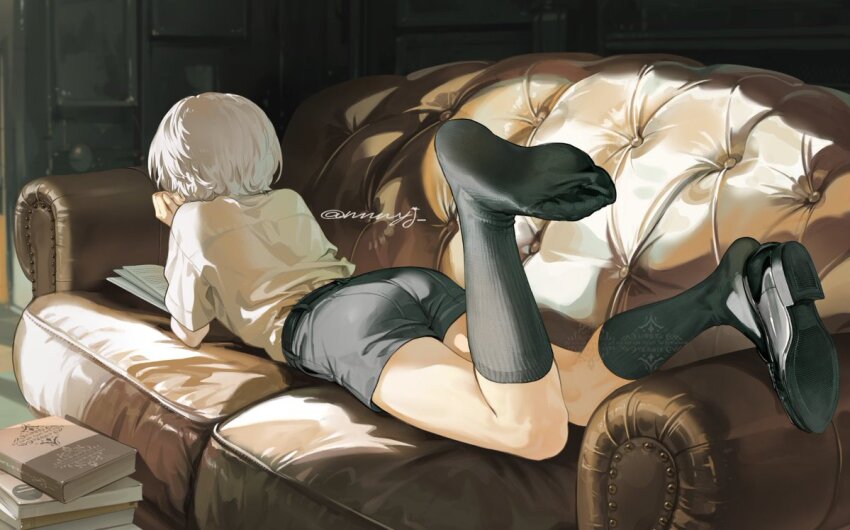 1boy, ass, black_shorts, black_socks, book, book_stack, couch, cushion