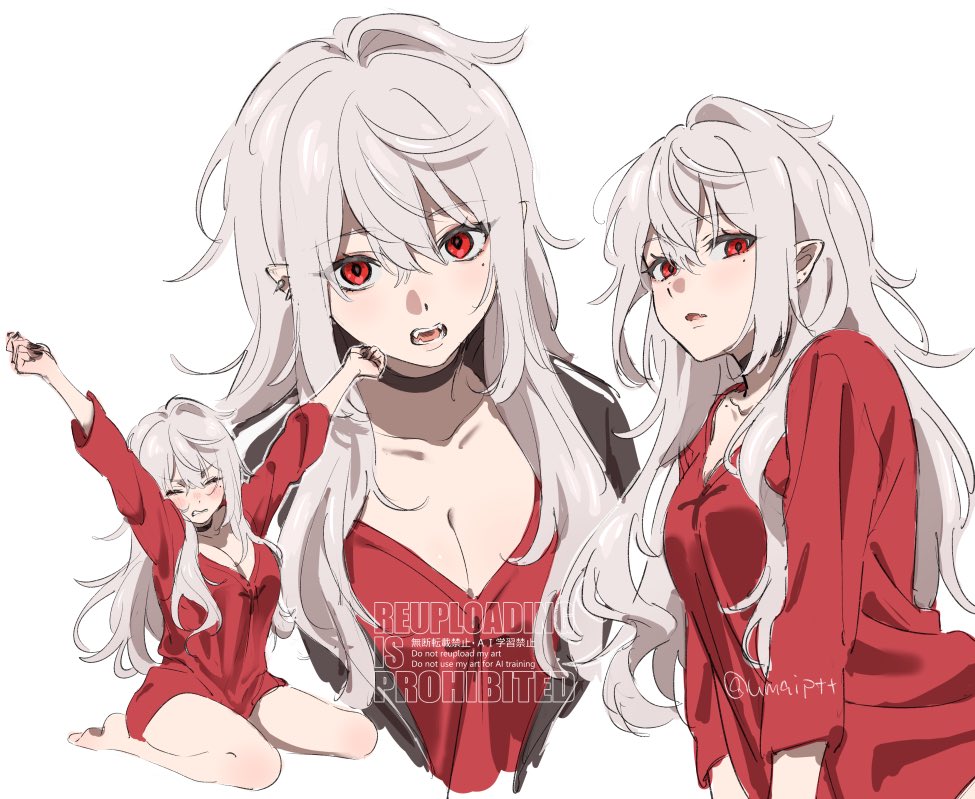 1girl, arms_up, barefoot, black_jacket, breasts, choker, cleavage, closed_mouth, collarbone, ear_piercing, english_text, fangs, fingernails, genderswap, genderswap_(mtf), grey_hair, hair_between_eyes, jacket, kuzuha_(nijisanji), long_hair, long_sleeves, medium_breasts, messy_hair, multiple_views, nail_polish, nijisanji, no_pants, piercing, pointy_ears, red_eyes, red_shirt, sanya_(2nd_costume)_(nijisanji), sanya_(nijisanji), sharp_fingernails, shirt, simple_background, sitting, stretching, teeth, track_jacket, twitter_username, umapote, virtual_youtuber, wariza, watermark, white_background