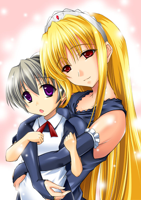 00s, 2girls, :3, android, blonde_hair, crown, dress, female_focus