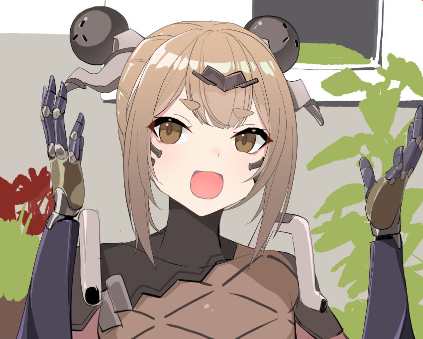 1girl, absurdres, brown_eyes, brown_hair, cyborg, girls'_frontline, girls'_frontline_2:_exilium, highres, mechanical_arms, niter_(girls'_frontline_2), open_mouth, short_eyebrows, short_hair, smile, solo, thick_eyebrows, upper_body, yanagui_yugi