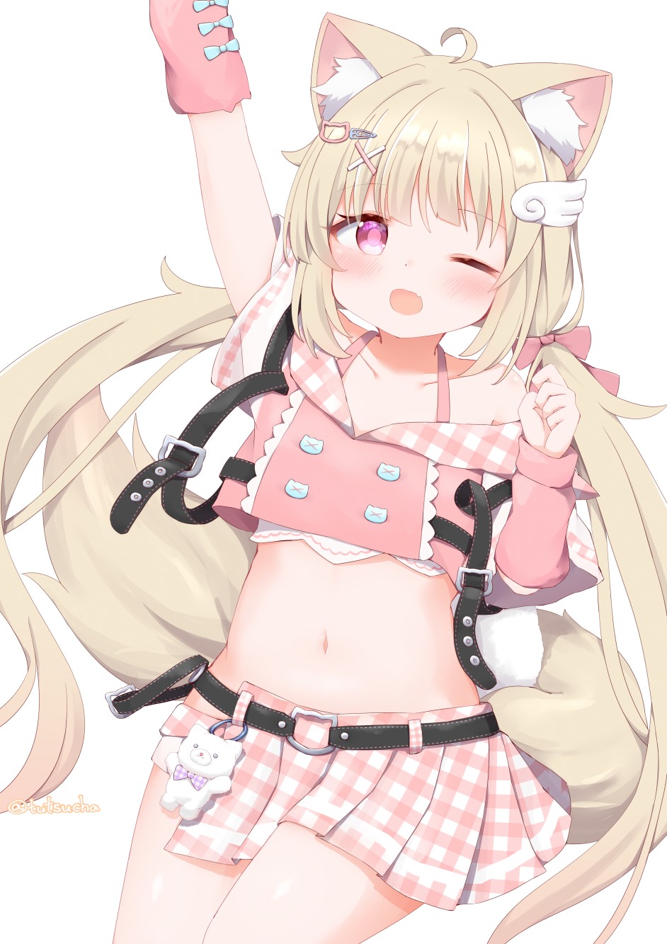 1girl, ;d, ;o, ahoge, animal_ear_fluff, animal_ears, arm_up, arm_warmers