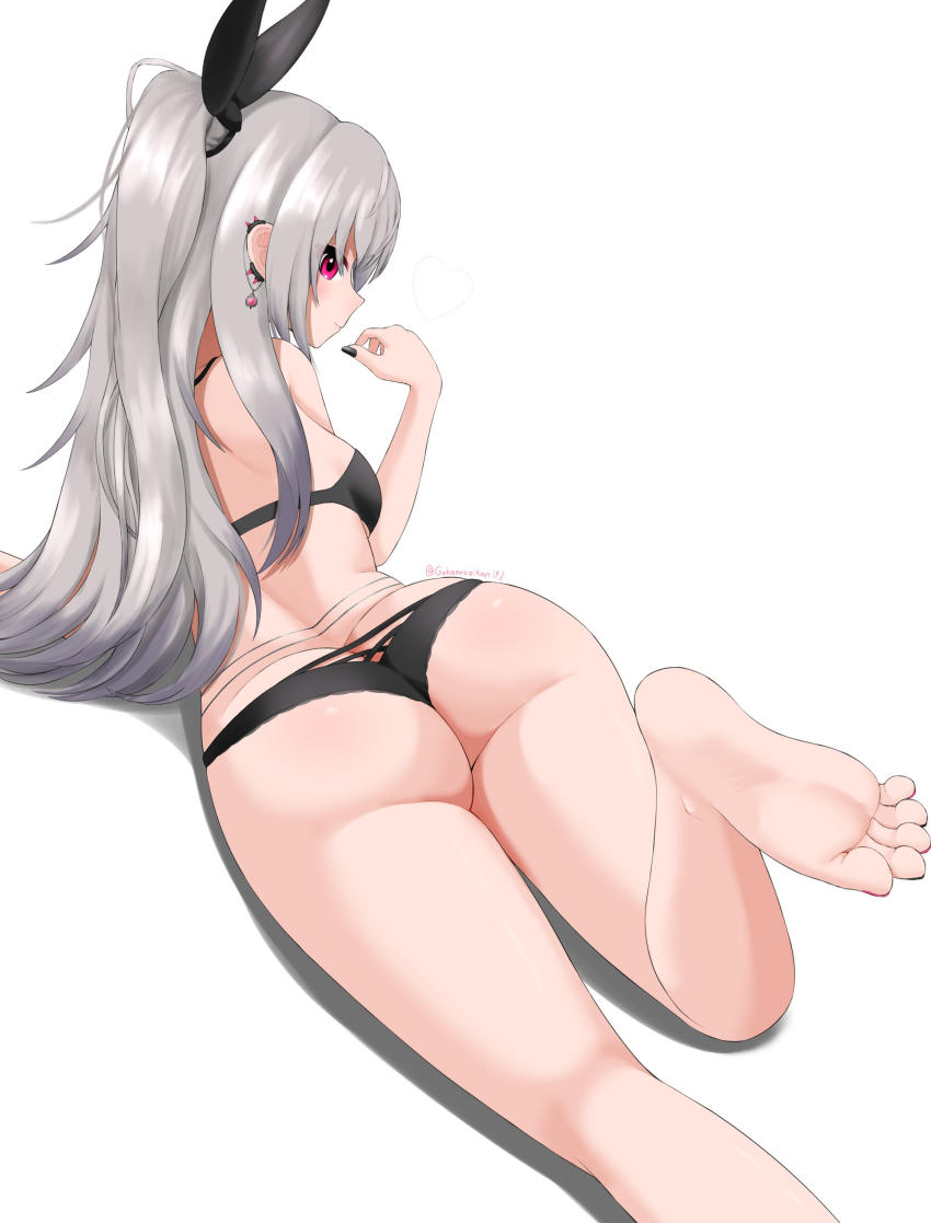 1girl, absurdres, ass, barefoot, blush, butt_crack, feet, grey_hair