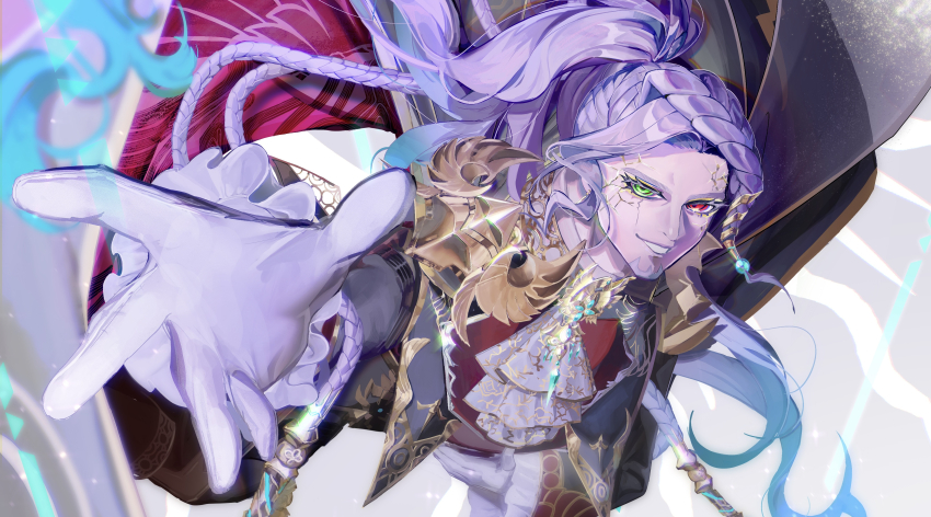 1boy, absurdres, alessandro_di_cagliostro_(fate), alessandro_di_cagliostro_(third_ascension)_(fate), ascot, braid, facial_hair, fate/grand_order, fate_(series), gloves, goatee, green_eyes, heterochromia, highres, long_hair, male_focus, mimiiri, multiple_braids, ponytail, reaching, reaching_towards_viewer, red_eyes, white_gloves, white_hair