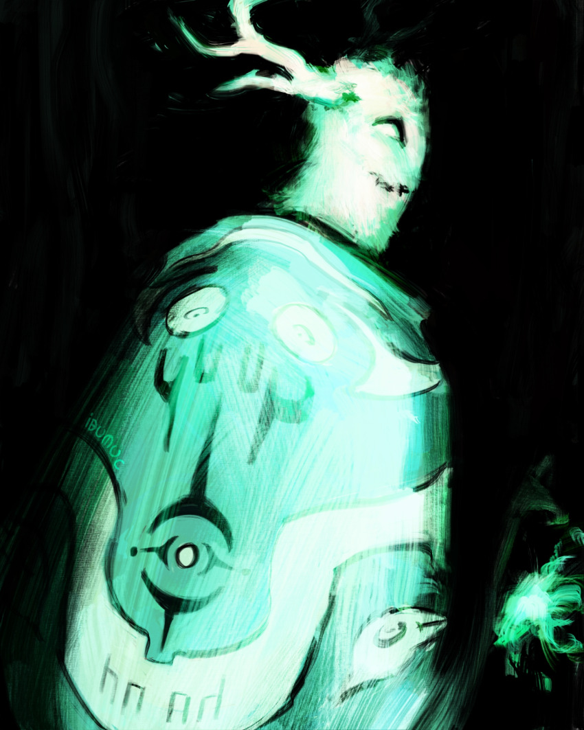 alien, antlers, artist_name, black_background, cloak, fire, green_fire, green_theme, high_contrast, highres, holding, holding_lantern, horns, horror_(theme), ibumuc, lantern, outer_wilds, outer_wilds:_echoes_of_the_eye, profile, simple_background, solo, the_stranger's_inhabitants