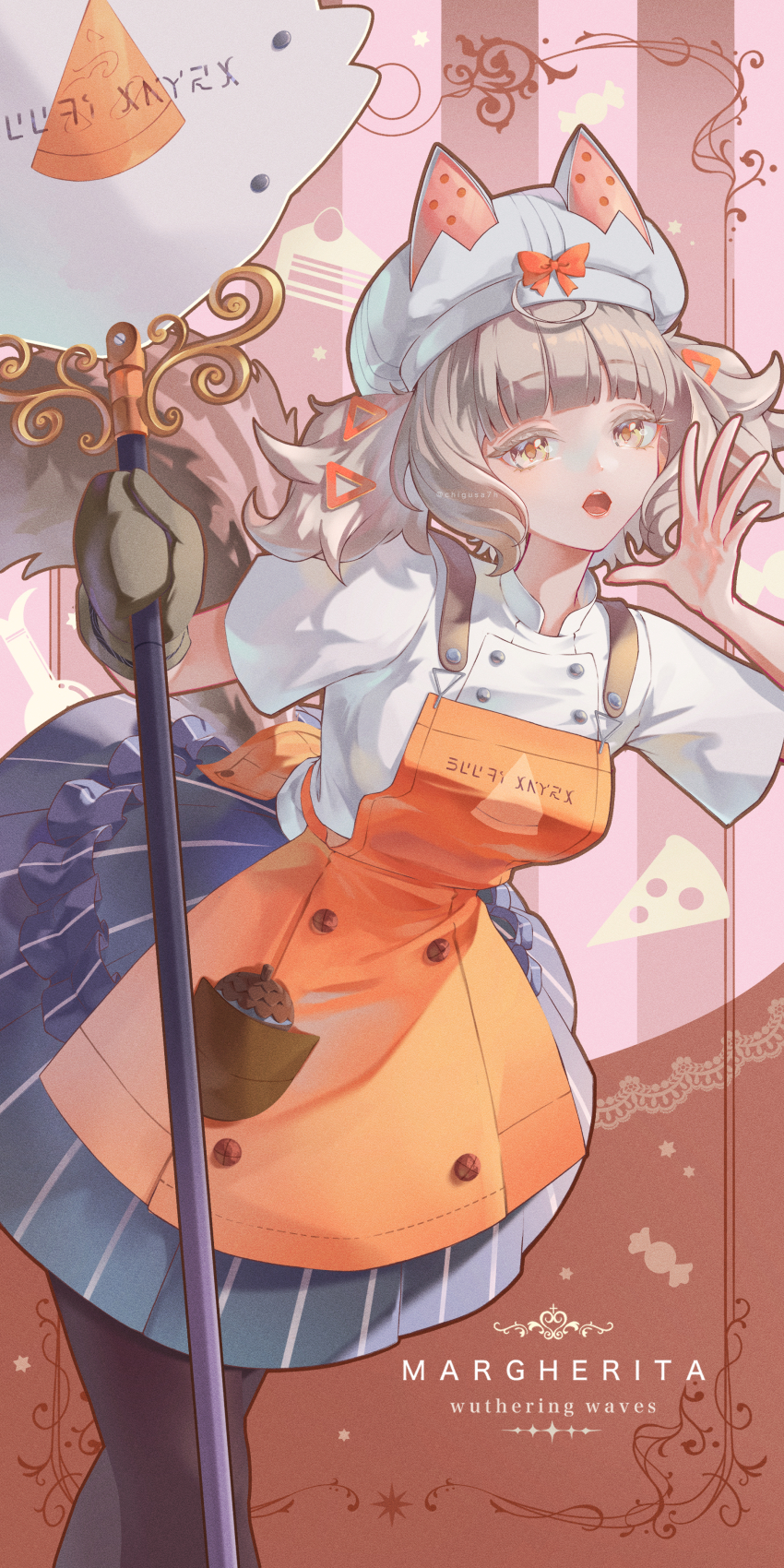 1girl, absurdres, apron, black_pantyhose, black_skirt, brown_hair, buttons, calling