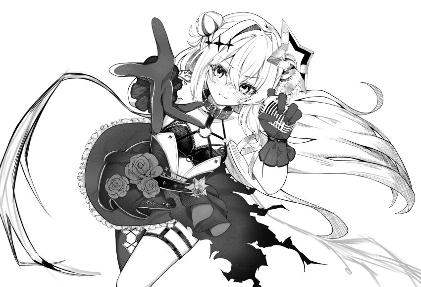 1girl, amane_kanata, belt_collar, blush, breasts, collar, dutch_angle, flower