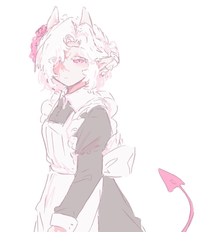 1girl, animification, apron, black_dress, chinese_commentary, colored_skin, commentary_request, demon_girl