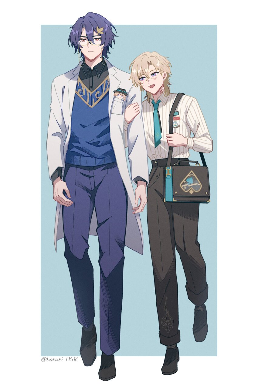 2boys, :d, aqua_necktie, artist_name, aventurine_(honkai:_star_rail), black_pants, black_shirt, black_shoes