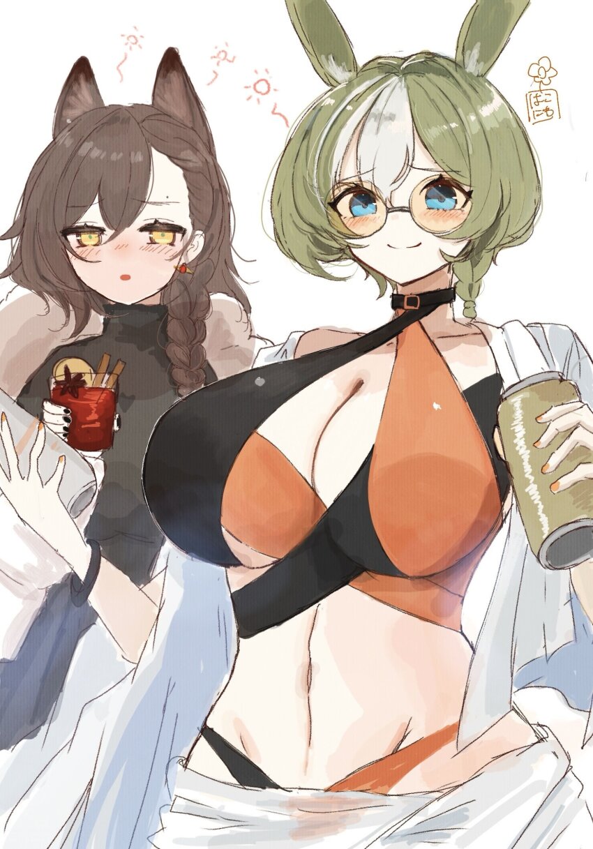 2girls, animal_ears, arknights, black_sweater, blue_eyes, blush, braid, breasts