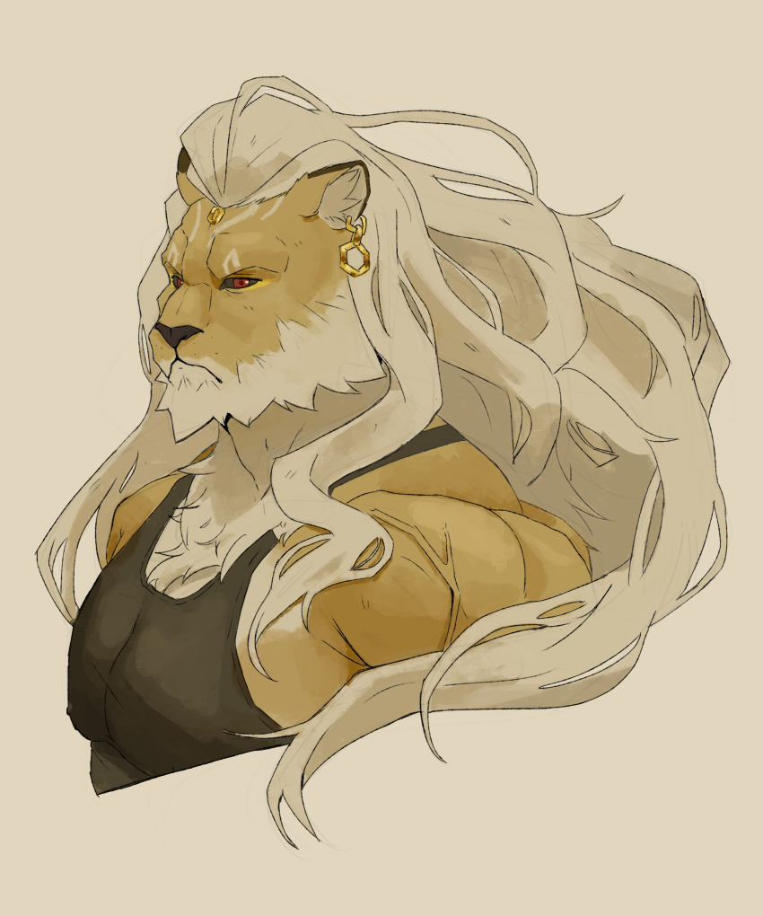 1boy, absurdres, animal_ears, bara, black_sclera, black_shirt, black_tank_top, brown_background, closed_mouth, colored_sclera, commentary, dislyte, earrings, english_commentary, furry, furry_male, highres, javid_(shamash)_(dislyte), jewelry, lion_boy, lion_ears, lion_mane, male_focus, mr_bearpapi, muscular, muscular_male, pectorals, red_eyes, shirt, single_earring, sleeveless, sleeveless_shirt, tank_top, upper_body