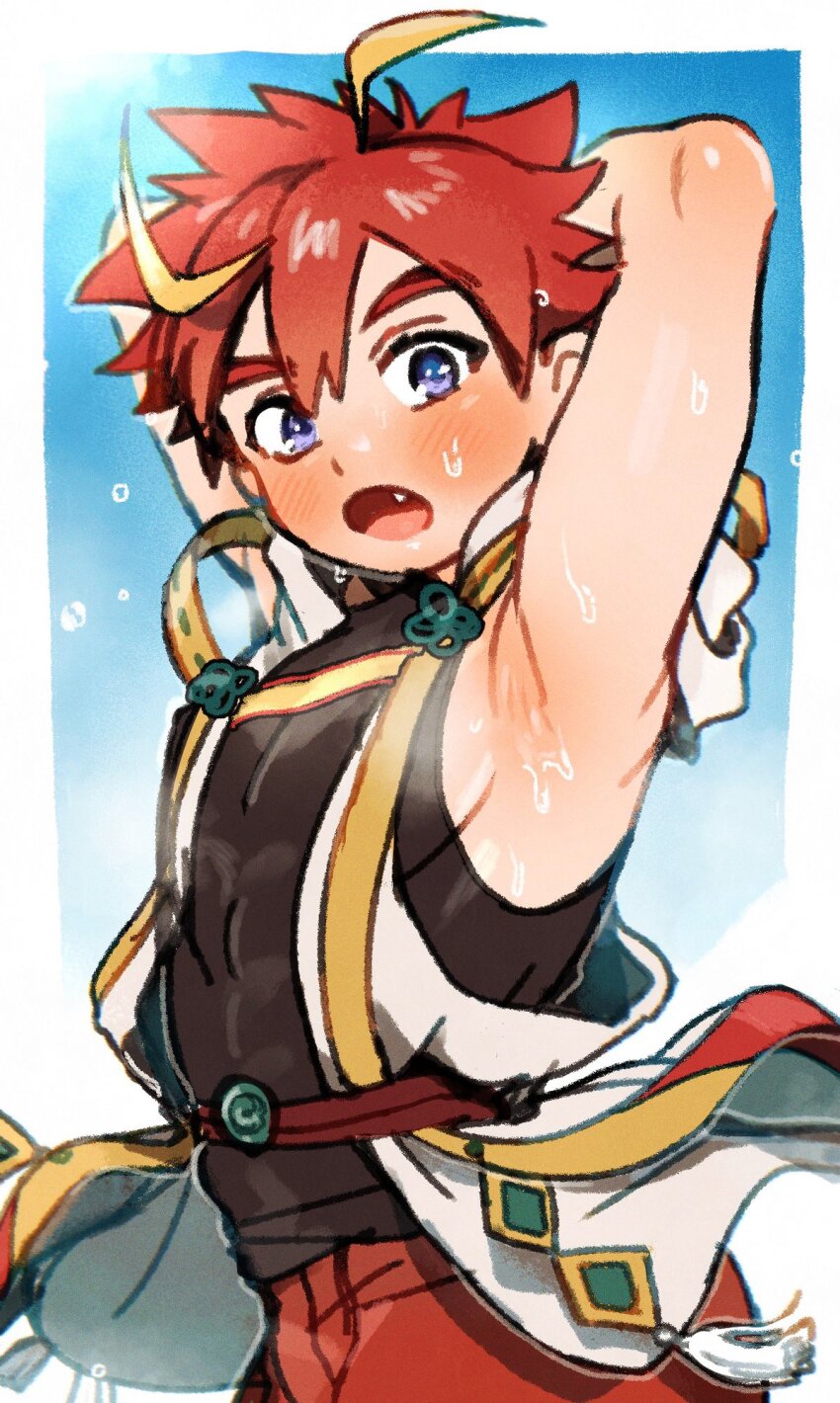 1boy, armpits, arms_behind_head, arms_up, blush, eguroy, fang, highres, izumi_(tamacolle), looking_at_viewer, male_focus, multicolored_hair, open_mouth, shota, sweat, tamacolle, toned, toned_male
