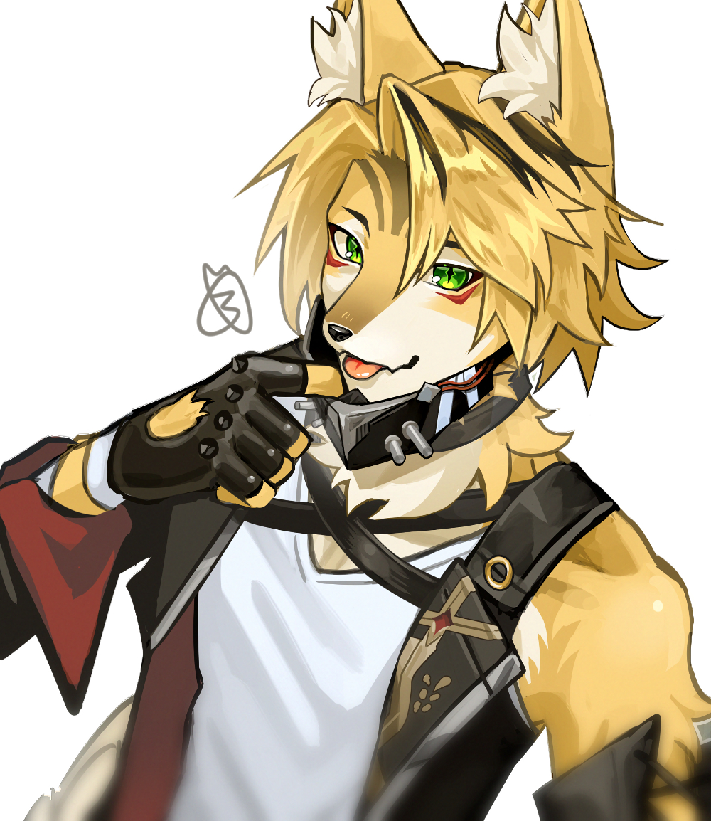 1boy, animal_ears, black_gloves, bowchanrou_(b0tar0), commentary, english_commentary, fang, fingerless_gloves, furry, furry_male, genderswap, genderswap_(ftm), gloves, green_eyes, looking_at_viewer, male_focus, pulchra_fellini, skin_fang, tongue, tongue_out, unfinished, white_background, zenless_zone_zero