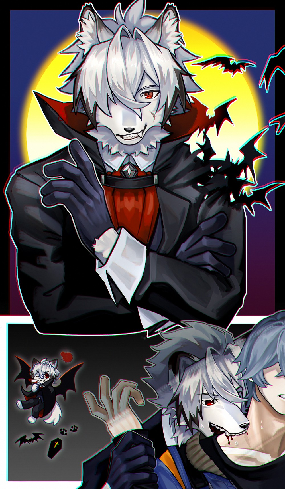 2boys, animal_ears, ascot, bat_(animal), biting, black_gloves, blood, bowchanrou_(b0tar0)