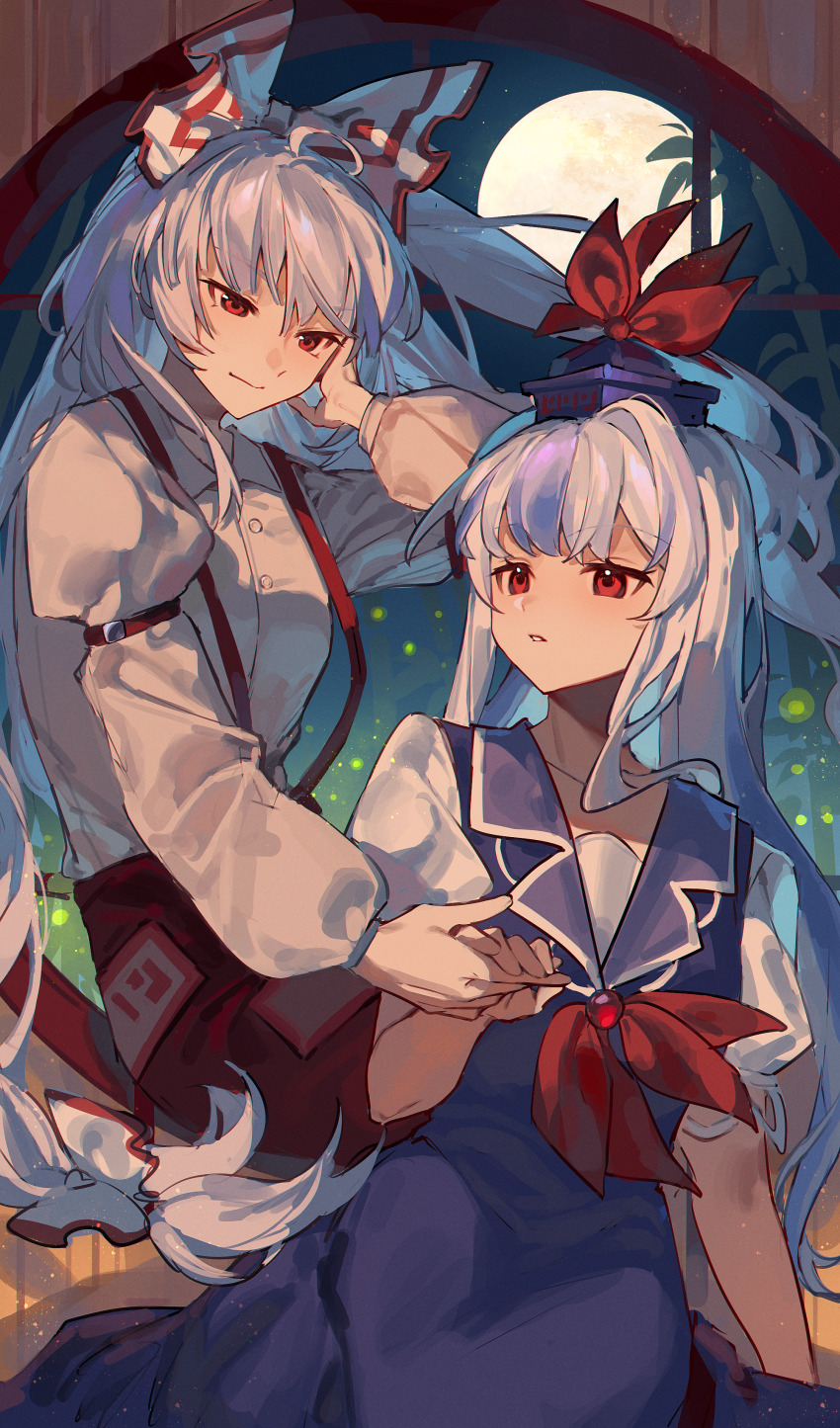 2girls, absurdres, bamboo, blue_dress, blue_hat, blue_streaks, bow, buttons