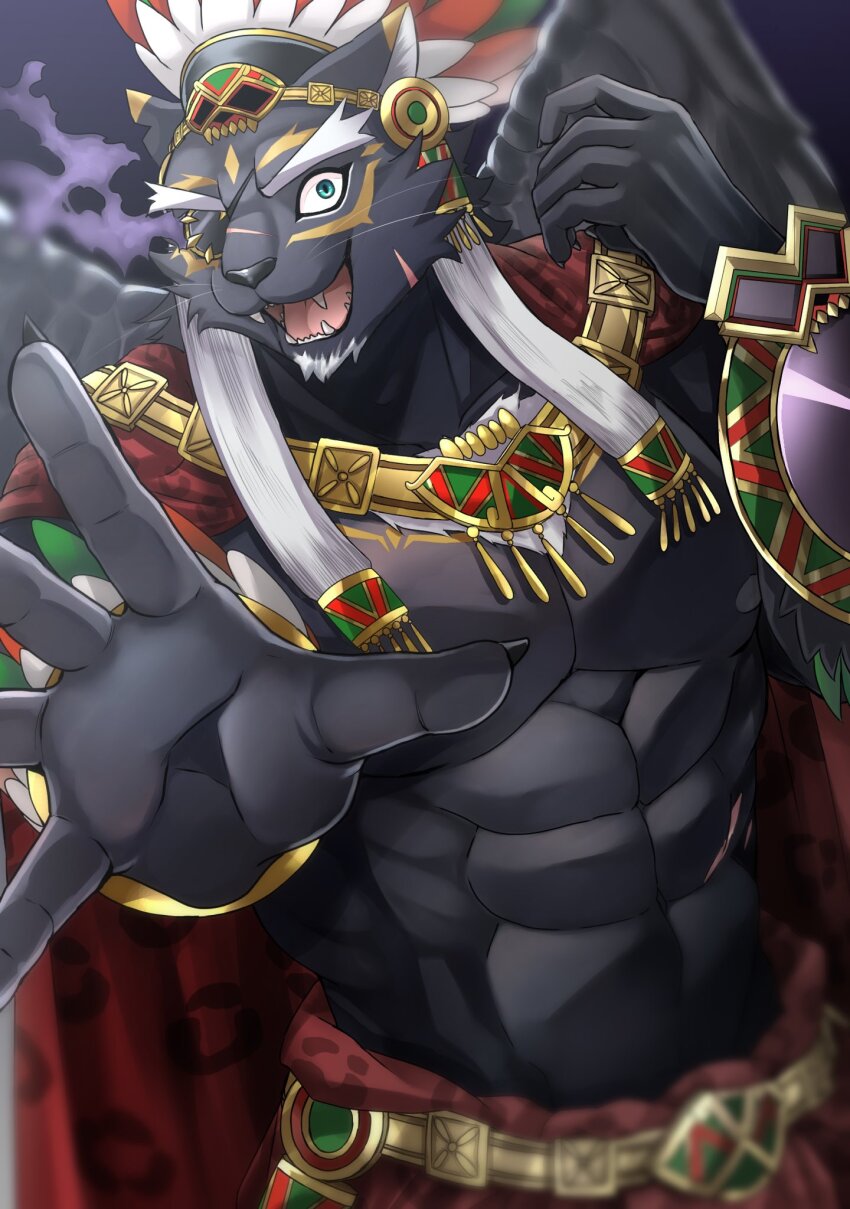 1boy, abs, animal_ears, bara, claws, fangs, feathered_wings, furry