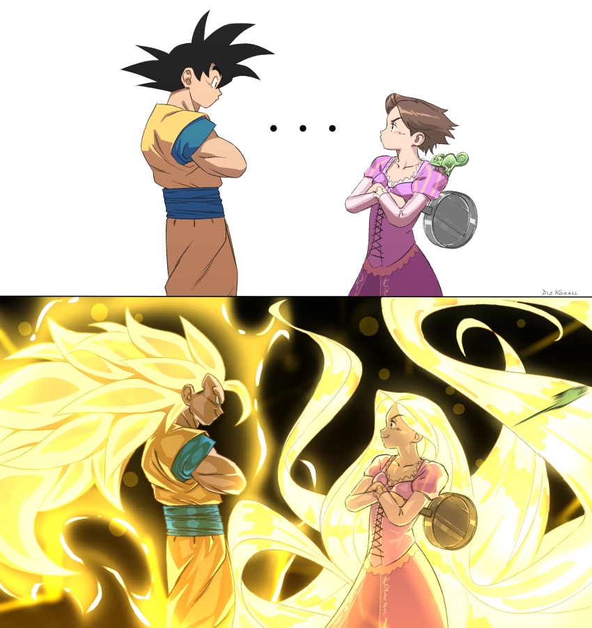1boy, 1girl, absurdly_long_hair, absurdres, blonde_hair, brown_hair, dougi, dragon_ball, dragonball_z, dress, frying_pan, glowing, glowing_hair, highres, holding, holding_frying_pan, koralldiz, long_hair, looking_at_another, orange_pants, pants, pink_dress, rapunzel_(disney), short_hair, smile, son_goku, spiked_hair, super_saiyan, super_saiyan_3, tangled, very_long_hair