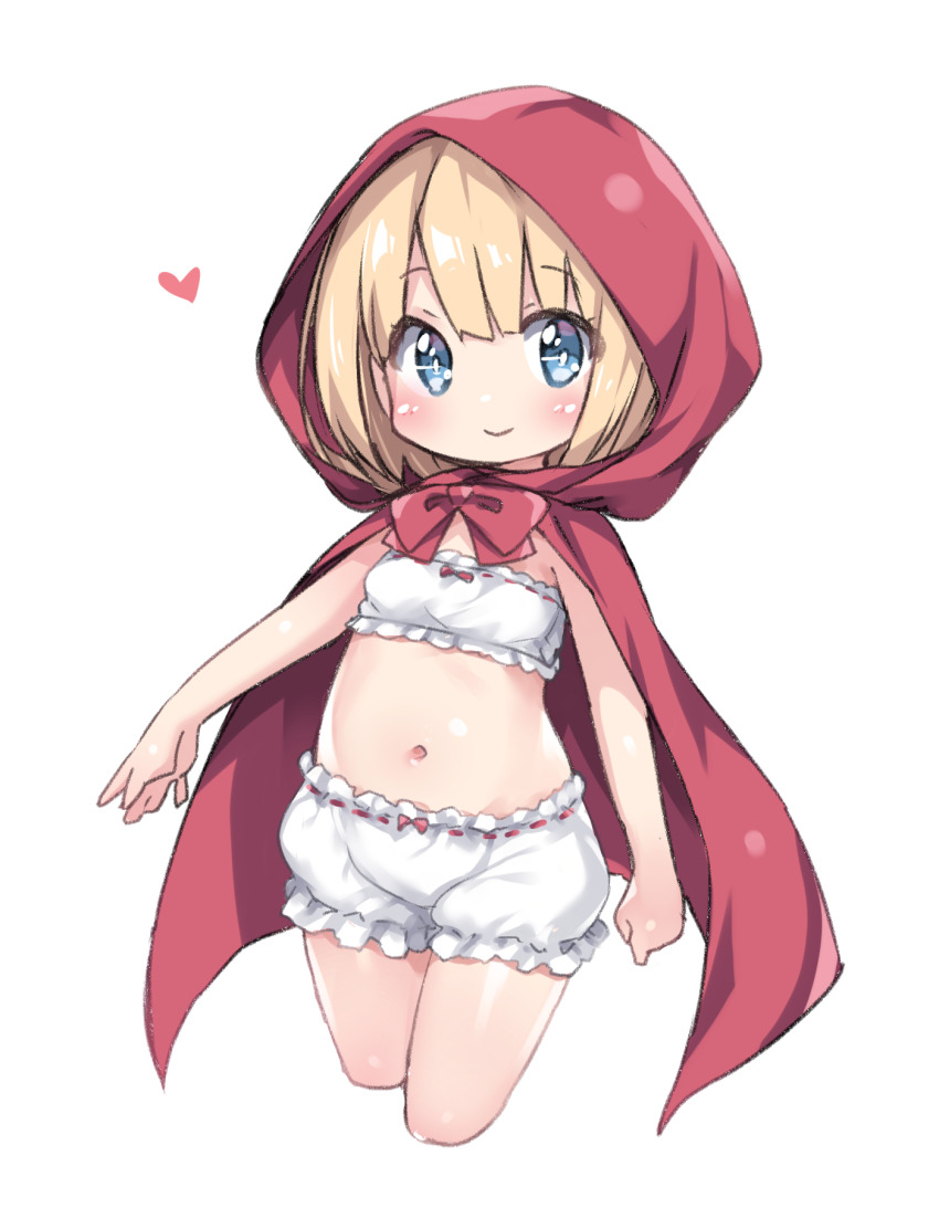 1girl, blonde_hair, bloomers, blue_eyes, bra, cloak, heart, highres