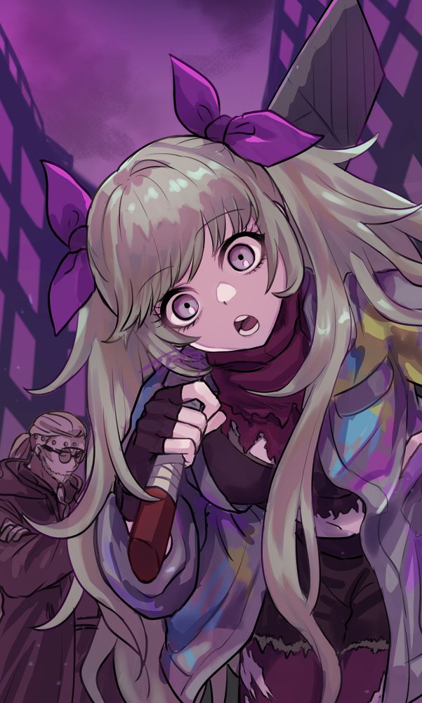 1boy, 1girl, bakesugi, beard, black_gloves, black_shorts, bow, coat, crossed_arms, facial_hair, fingerless_gloves, gloves, grey_coat, grey_hair, hand_on_own_hip, holding, holding_weapon, leaning_forward, long_hair, looking_at_viewer, multicolored_coat, navel, open_mouth, pantyhose, ponytail, purple_bow, purple_eyes, saigo_roku, scarf, shorts, sunglasses, teeth, tied_beard, torn_clothes, torn_scarf, tribe_nine, twintails, very_long_hair, weapon, yukigaya_enoki