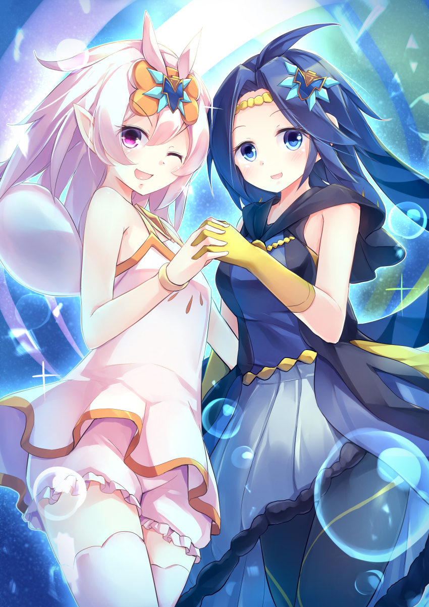 2girls, absurdres, bloomers, blue_dress, blue_eyes, blue_hair, blush, breasts