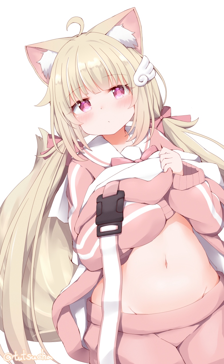 1girl, ahoge, animal_ear_fluff, animal_ears, belly, blonde_hair, blunt_bangs, blush
