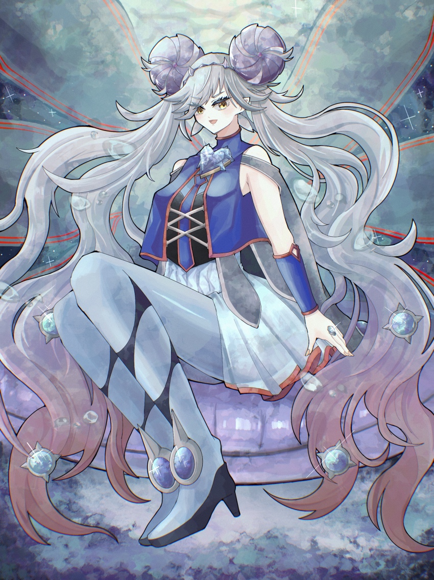 1girl, absurdres, ascot, blue_ascot, blush, breasts, double_bun, dress