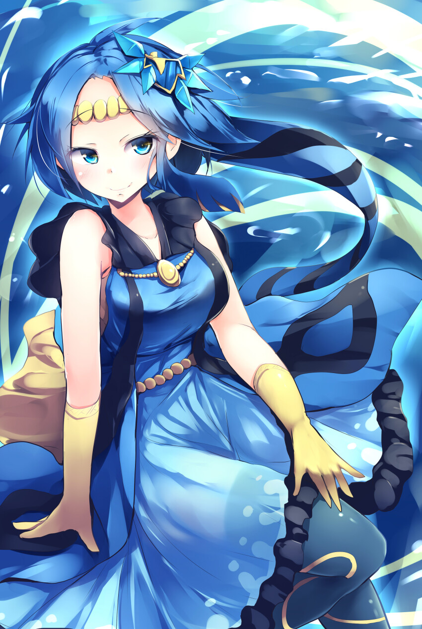1girl, absurdres, blue_dress, blue_eyes, blue_hair, blush, breasts, closed_mouth