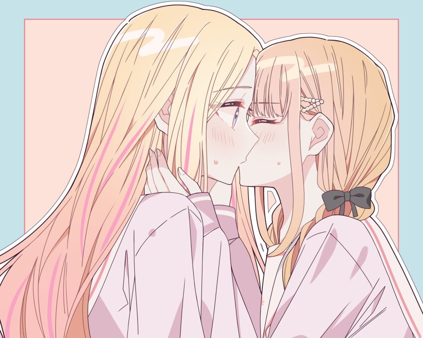 2girls, black_bow, blonde_hair, blue_background, blush, bow, braid, closed_eyes