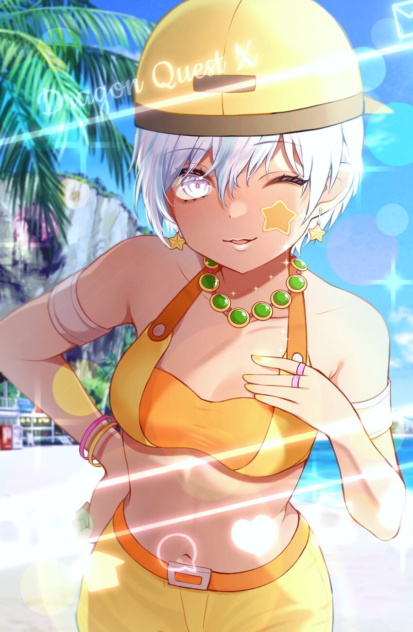 1girl, armlet, backwards_hat, bare_shoulders, beach, belt, blue_sky, blue_streaks, blurry, blurry_background, bracelet, breasts, cleavage, cliff, commentary_request, cowboy_shot, day, dragon_quest, dragon_quest_x, earrings, facepaint, gem, green_gem, hand_on_own_chest, hand_on_own_hip, hat, heart, heroine_(dq10), highres, jewelry, leaning_forward, looking_at_viewer, midriff, multicolored_hair, multiple_bracelets, multiple_rings, navel, necklace, nikon_(user_aznh7528), ocean, one_eye_closed, orange_belt, orange_nails, outdoors, palm_tree, pants, pixie_cut, ring, short_hair, silver_armlet, sky, small_breasts, solo, sparkle, star_(symbol), star_earrings, star_on_cheek, streaked_hair, summer, tan, tree, vending_machine, white_eyes, white_hair, white_lips, yellow_hat, yellow_pants