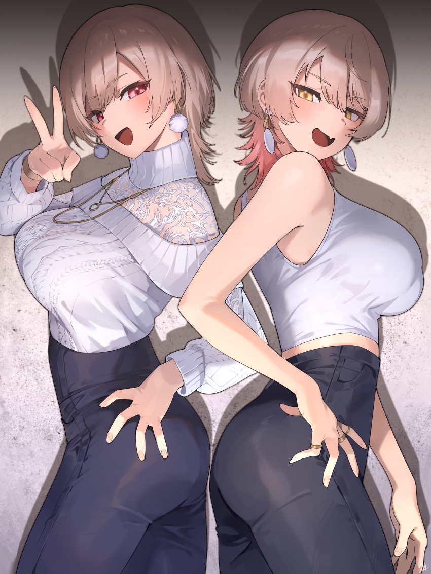 2girls, absurdres, adapted_costume, alternate_hairstyle, ass, black_pants, breasts, brown_hair