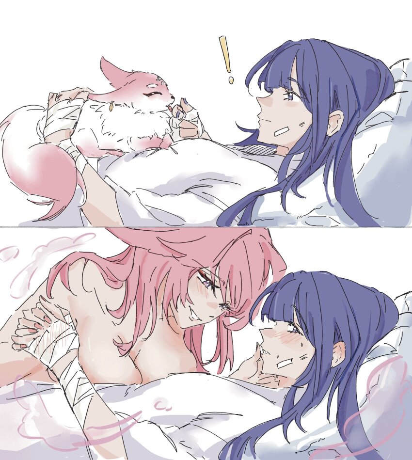 !, 2girls, animal_ears, bandaged_wrist, bandages, blush, breast_press, breasts, closed_mouth, commentary, fox, fox_ears, genshin_impact, highres, kunchim2_cat_transformation_template_(meme), large_breasts, long_hair, looking_at_another, lying_on_person, meme, multiple_girls, parted_lips, pink_hair, purple_eyes, purple_hair, purple_nails, raiden_shogun, simple_background, smile, untranslatable_commentary, transformation, white_background, yae_miko, yae_miko_(fox), yaro_yk, yuri