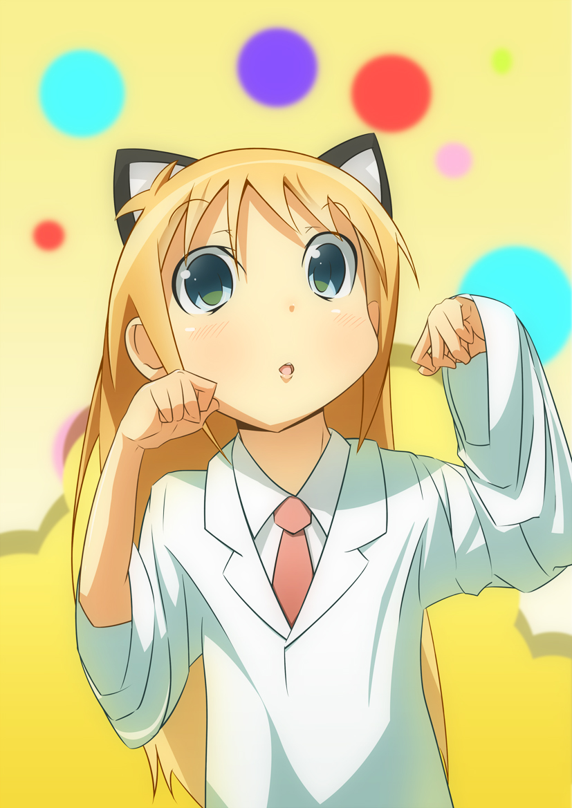 :o, animal_ears, blonde_hair, blue_eyes, blush, cat_ears, child, closed_lab_coat