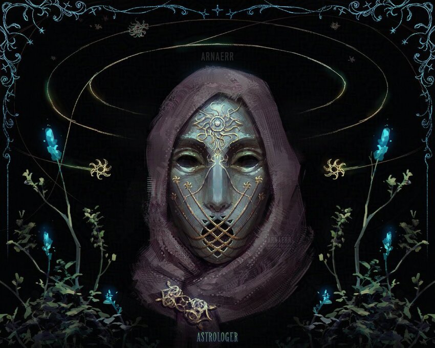 1boy, arnaerr, black_background, brown_hood, elden_ring, glowing_plants, hood, mask, plant, preceptor_seluvis, signature, solo