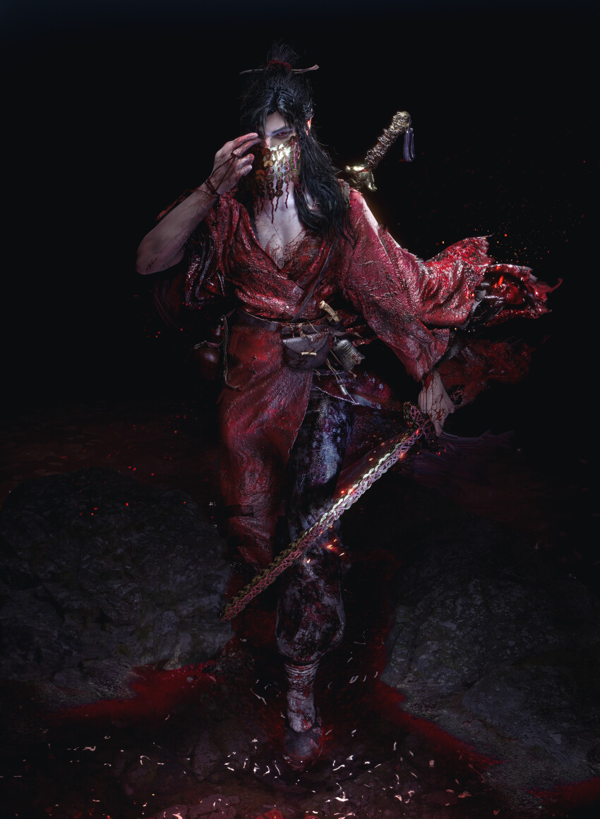 1boy, absurdres, angry, anklet, belt, bi_xie_jian_(weapon), black_background, black_belt