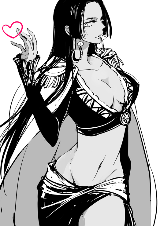 1girl, boa_hancock, breasts, cape, cleavage, commentary, cowboy_shot, crop_top
