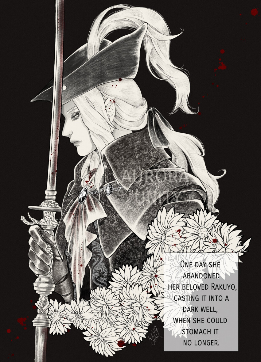 ascot, aurora_unity, black_background, blood, blood_stain, bloodborne, english_text, flower