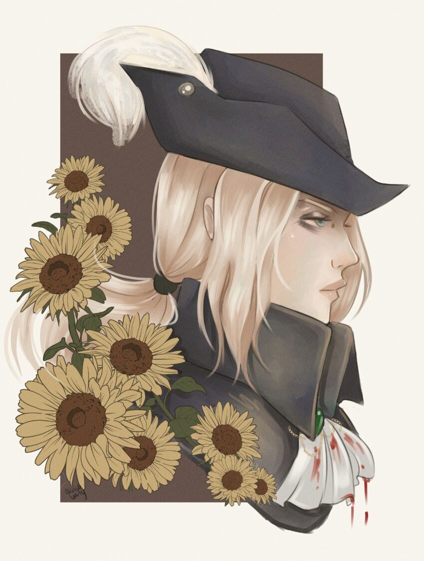 1girl, ascot, aurora_unity, blood, blood_stain, bloodborne, flower, from_side