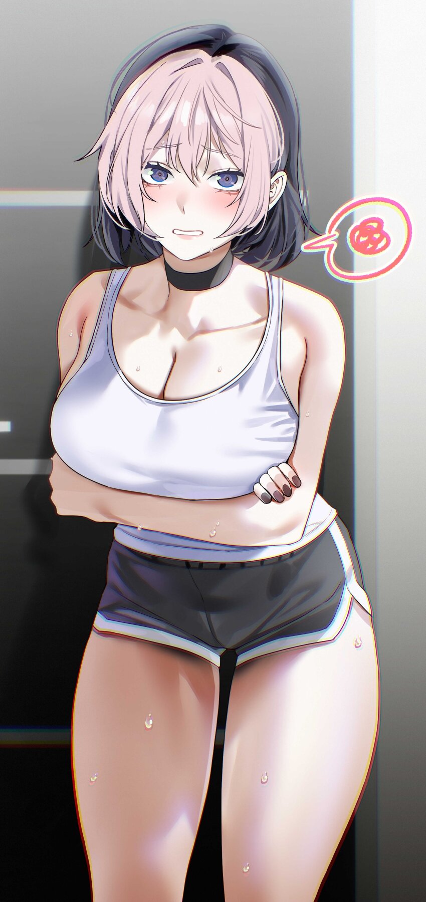 1girl, absurdres, arms_under_breasts, black_choker, black_nails, black_shorts, blue_eyes, blush