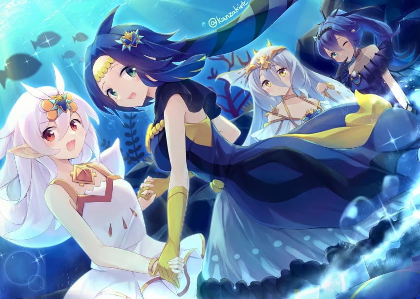 4girls, artist_name, bare_shoulders, black_gloves, blue_dress, blue_eyes, blue_hair, blush, breasts, closed_mouth, collarbone, dress, duel_monster, fish, fish_girl, gloves, green_eyes, grey_hair, hair_between_eyes, hair_ornament, holding, holding_hands, jewelry, kanzakietc, long_hair, marincess_blue_tang, marincess_sea_angel, marincess_sleepy_maiden, marincess_springirl, medium_breasts, multiple_girls, one_eye_closed, open_mouth, pointy_ears, ponytail, red_eyes, sleeveless, smile, twitter_username, underwater, white_dress, white_hair, yellow_eyes, yellow_gloves, yu-gi-oh!, yu-gi-oh!_vrains