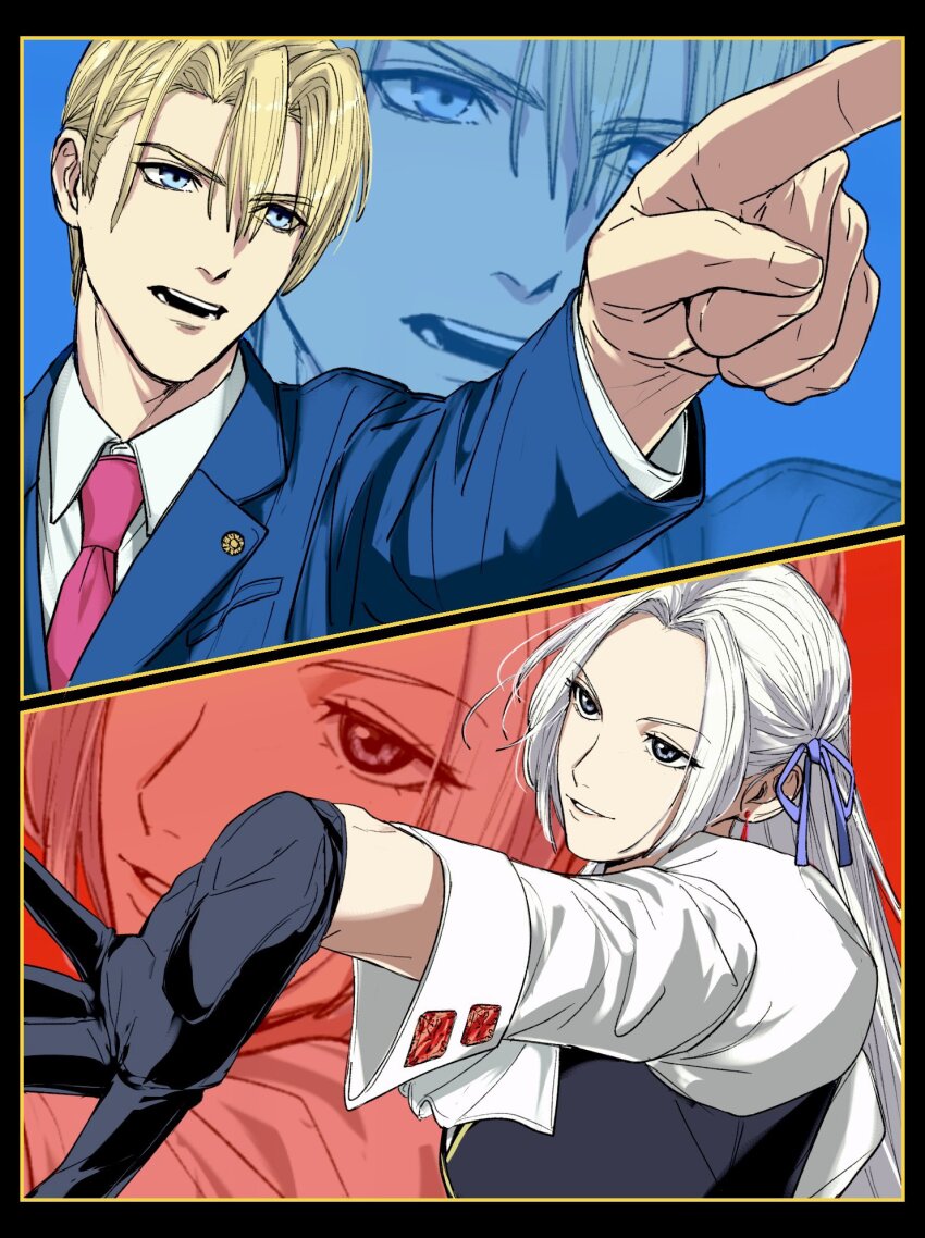 1boy, 1girl, ace_attorney, ace_attorney_investigations, amikoiiko, black_gloves, blonde_hair, blue_eyes