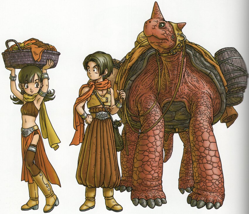 1boy, 1girl, 1other, absurdres, armlet, arms_up, baggy_pants, basket, black_eyes, blunt_bangs, boots, bracelet, brown_boots, brown_eyes, brown_hair, brown_thighhighs, brown_vest, carrying_overhead, dragon_quest, dragon_quest_x, earrings, full_body, galapagod, hero_(dq10), heroine_(dq10), high-waist_pants, highres, holding, holding_basket, hoop_earrings, jewelry, long_hair, looking_at_another, looking_to_the_side, navel, official_art, orange_scarf, pants, parted_hair, pelvic_curtain, scan, scarf, short_hair, silver_armlet, silver_earrings, thighhighs, third-party_source, toriyama_akira, vest, white_background, yellow_scarf
