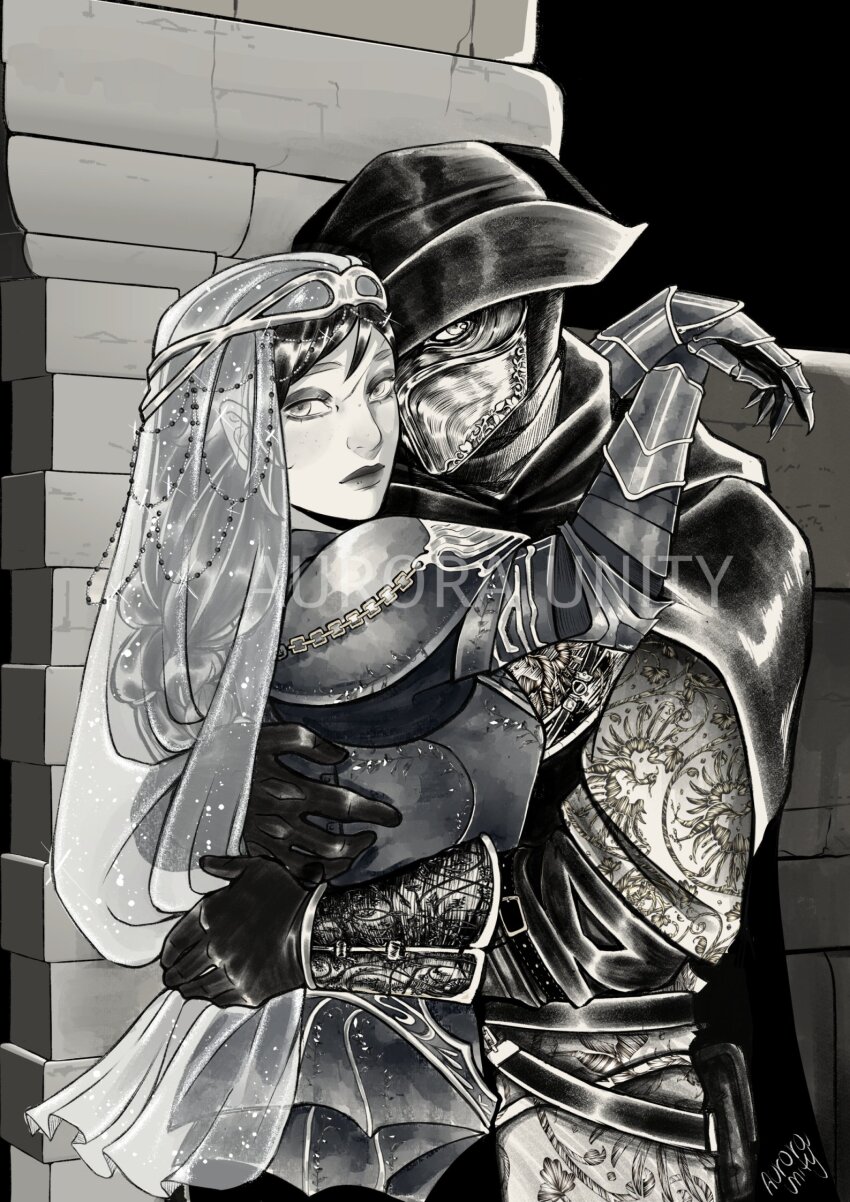 1boy, 1girl, armor, aurora_unity, belt, circlet, dark_souls_(series), dark_souls_iii