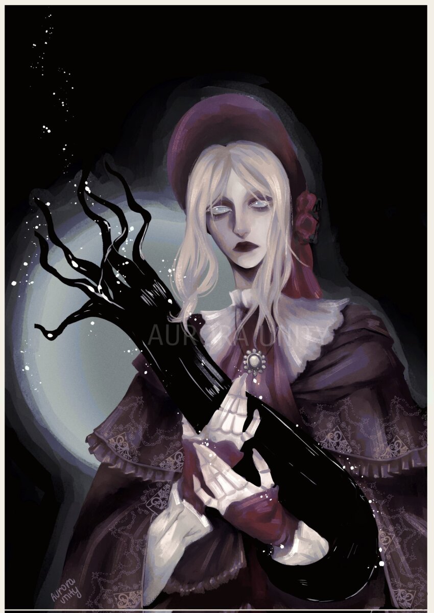 1girl, ascot, aurora_unity, bloodborne, bonnet, closed_mouth, doll_joints, dress