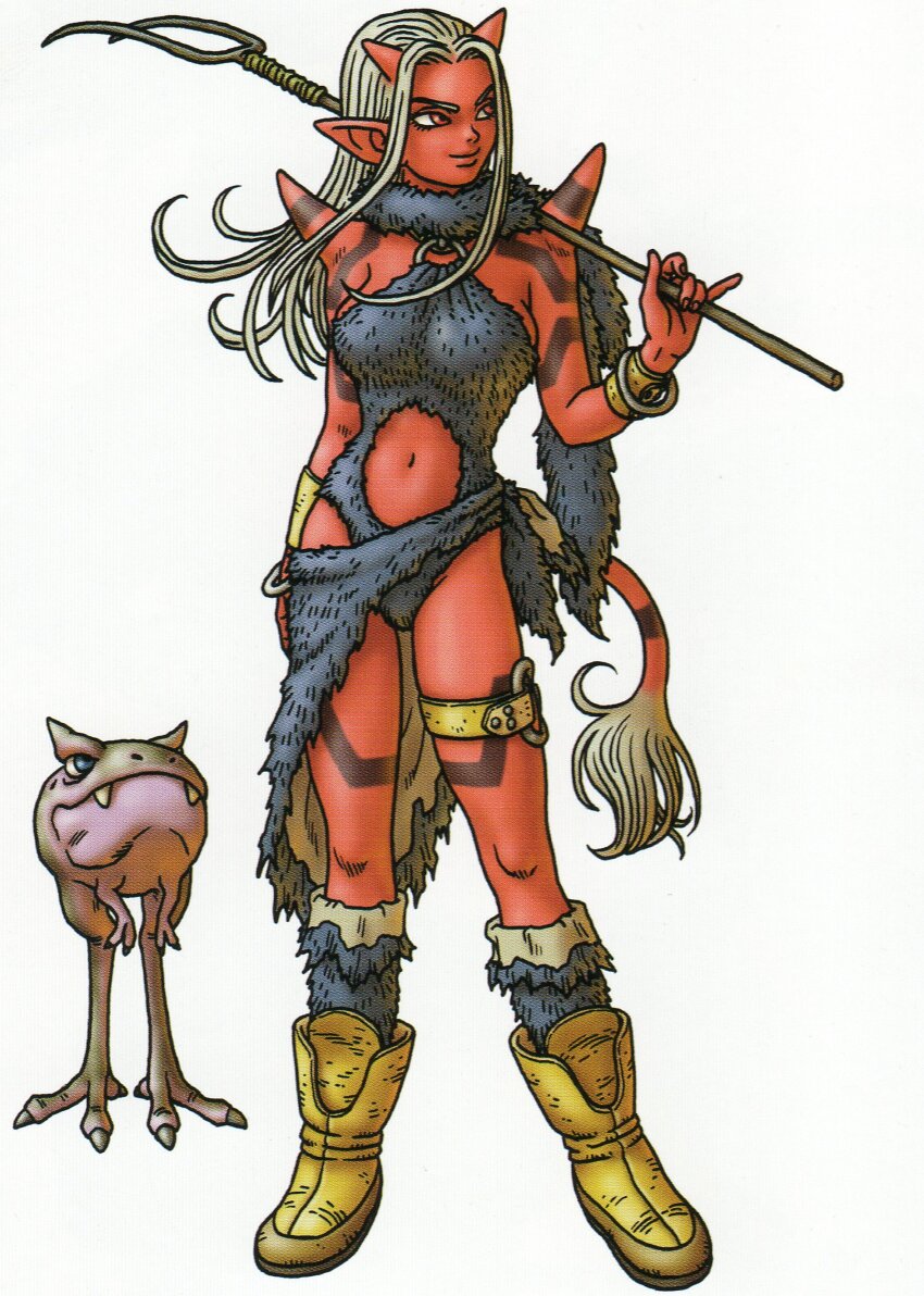 1girl, 1other, absurdres, boots, bracelet, breasts, clothing_cutout, colored_skin, creature_request, dragon_quest, dragon_quest_x, floating_hair, full_body, fur_scarf, heroine_(dq10), highres, holding, holding_pitchfork, horns, jewelry, large_breasts, leotard, looking_to_the_side, navel, navel_cutout, o-ring, o-ring_thigh_strap, official_art, ogre_(dq10), parted_hair, pitchfork, pointy_ears, red_skin, scan, shoulder_spikes, sideboob, smirk, spikes, stomach_cutout, tail, thigh_strap, third-party_source, toriyama_akira, white_background, white_hair, yellow_boots