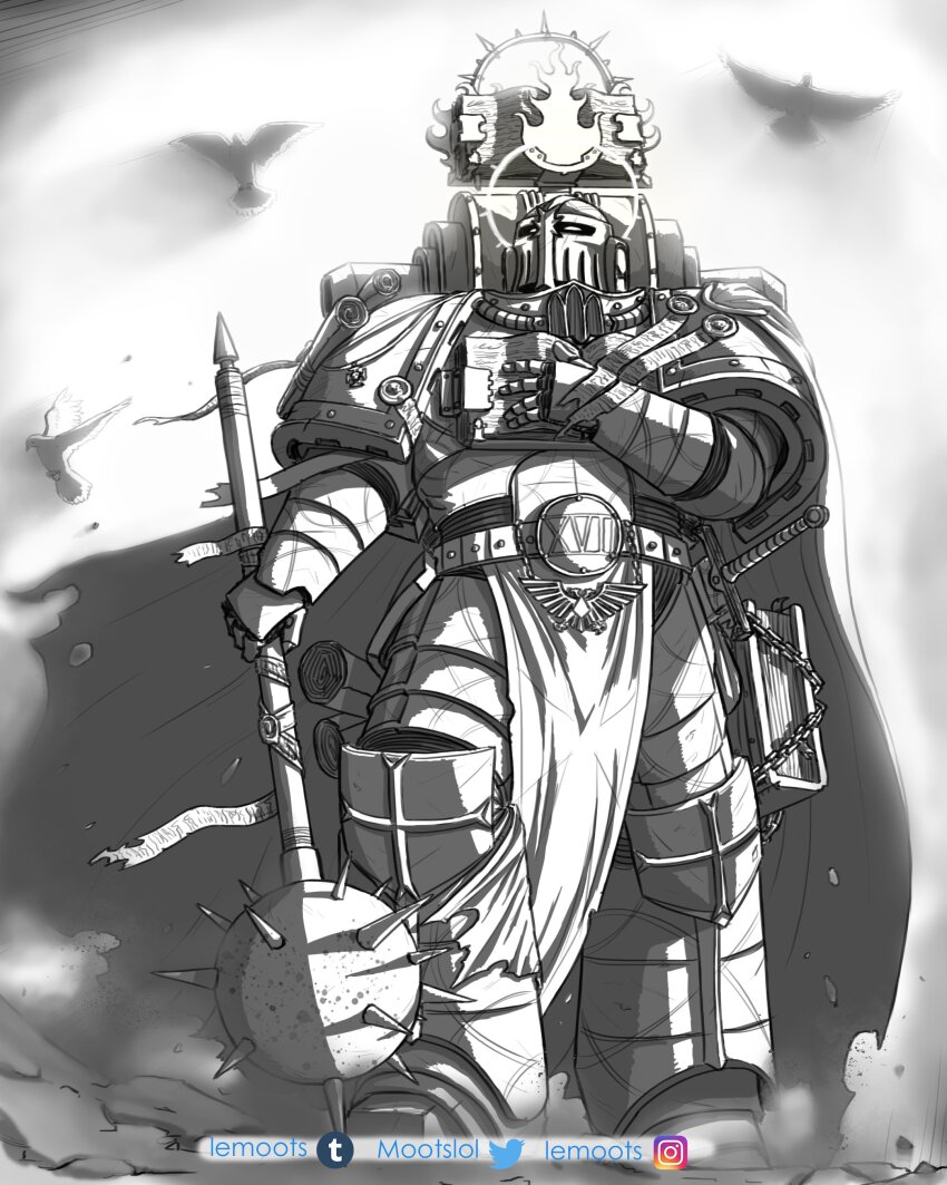 1boy, absurdres, adeptus_astartes, alternate_universe, animal, armor, armored_boots, belt, bird, book, boots, breastplate, chain, cloak, commentary, cross, cross_ornament, english_commentary, fire_ornament, flying, full_armor, full_body, gauntlets, greaves, greyscale, halo, hand_on_own_chest, helmet, highres, holding, holding_mace, holding_weapon, imperial_aquila, instagram_logo, instagram_username, light_persona, looking_to_the_side, mace, male_focus, monochrome, mootslol, pauldrons, pelvic_curtain, pigeon, power_armor, purity_seal, roman_numeral, scabbard, science_fiction, scroll, sheath, shoulder_armor, spiked_halo, spiked_mace, spikes, squinting, sunlight, tube, tumblr_logo, tumblr_username, twitter_logo, twitter_username, vambraces, warhammer_40k, weapon, white_background, white_eyes, word_bearers