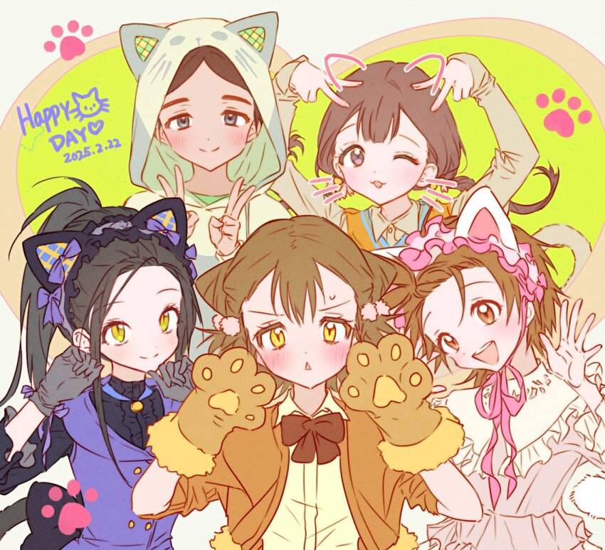 5girls, :3, animal_costume, animal_ears, animal_hands, animal_hood, bell, black_hair