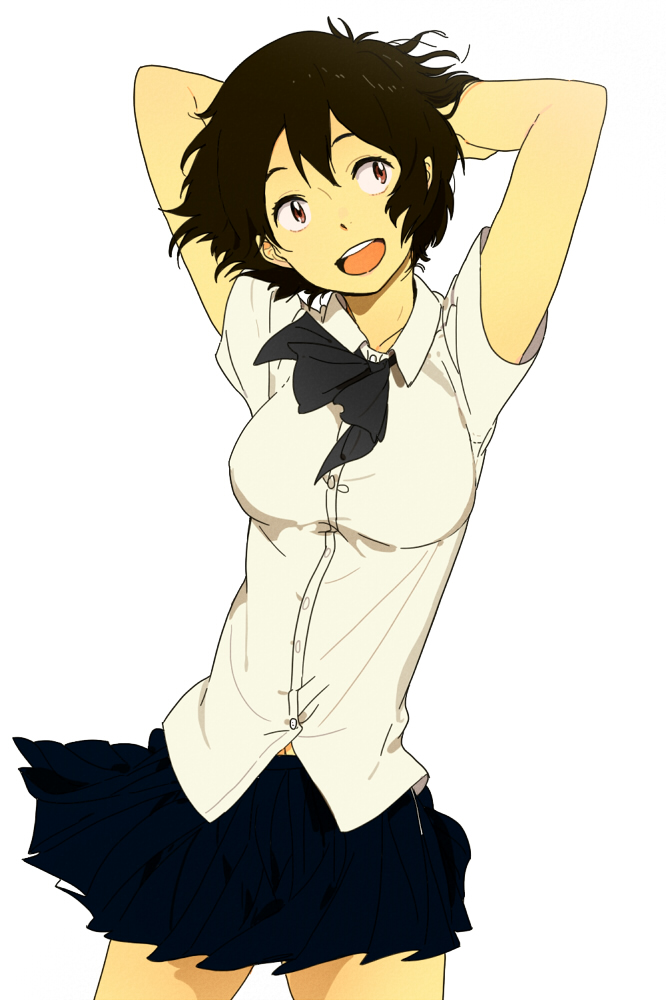 1girl, arms_behind_back, bow, bowtie, breasts, brown_eyes, brown_hair, cencoroll