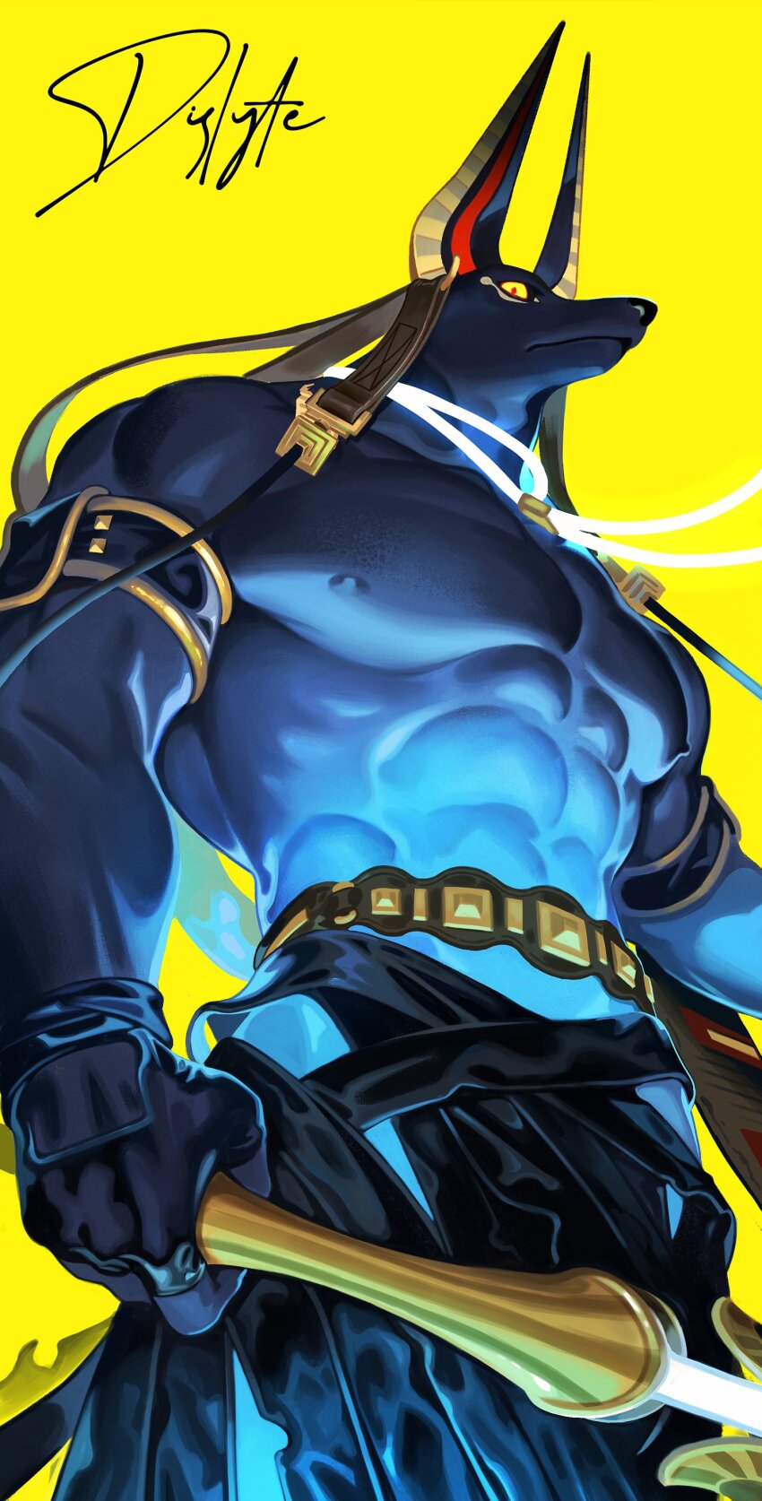 1boy, abs, absurdres, animal_ears, bara, black_gloves, closed_mouth, colored_sclera