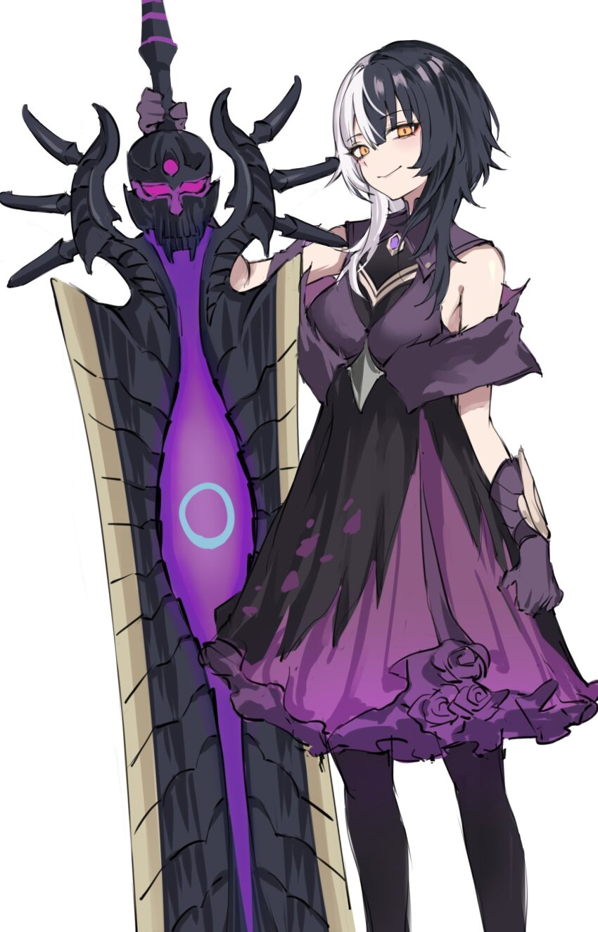 1girl, alternate_costume, black_hair, black_pantyhose, closed_mouth, dress, gloves, greatsword